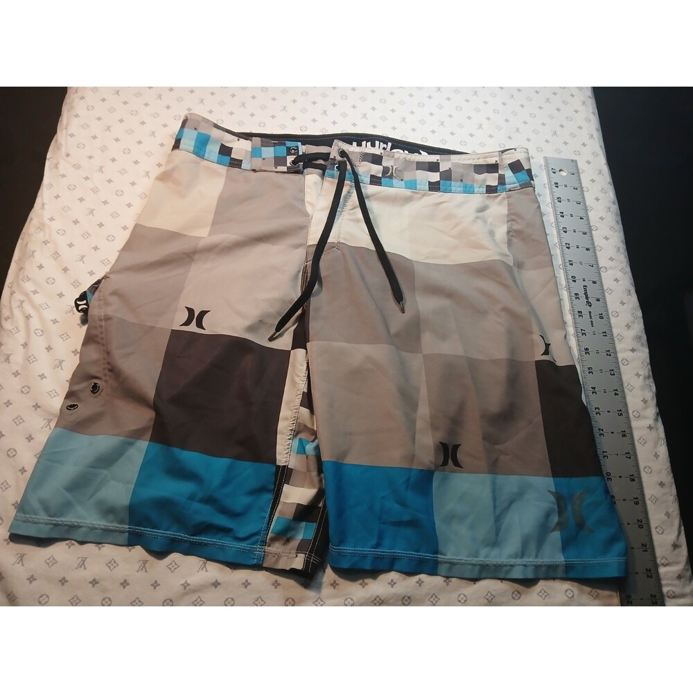 Hurley Phantom Board Shorts Mens 36 Plaid Blue Gray Black Performance Stretch